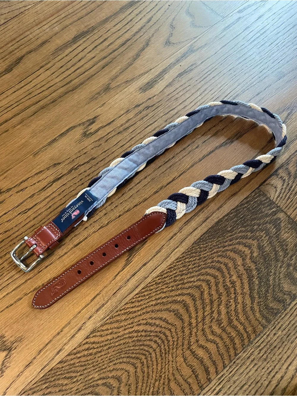 Vineyard Vines - Braided Navy and Light Blue Kid’s  Belt with Brown Leather Trim